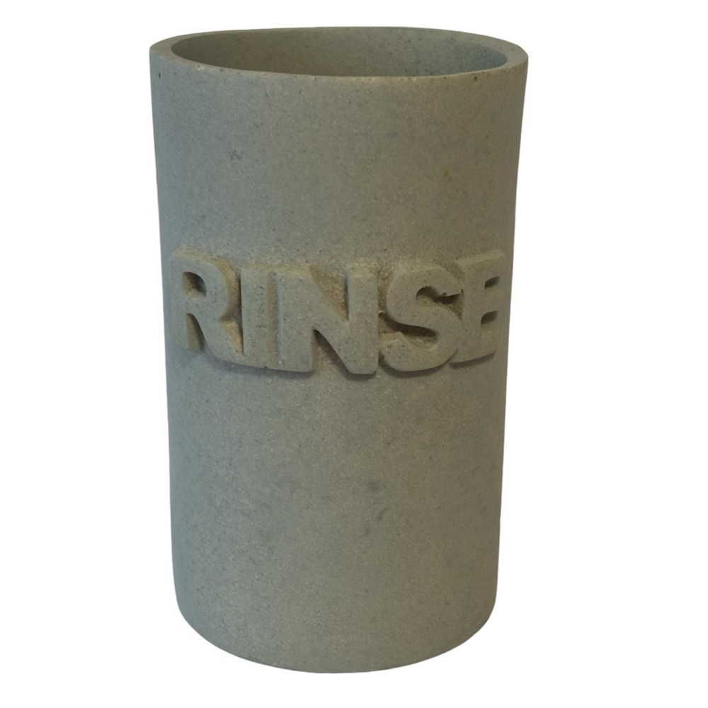 Bathroom Tumbler Glass (like stoneware) 4” Tall Sage/Gray says RINSE Like New